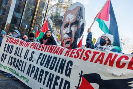 Pro-Palestinian protesters gather at Columbus Circle to call on US President Joe Biden for a ceasefire in Gaza during his visit to New York, New York, 07 February 2024.