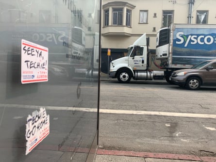 Stickers reject tech workers in San Francisco.