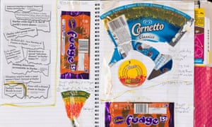 One of Amiss’s many ‘logbooks’, which are filled with food wrappers.