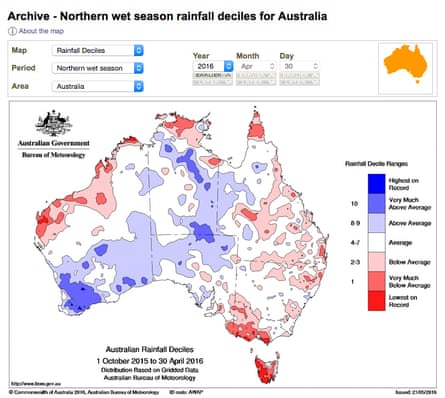 A graphic showing how much rainfall was above or below average in the northern Australian wet season of 2016.