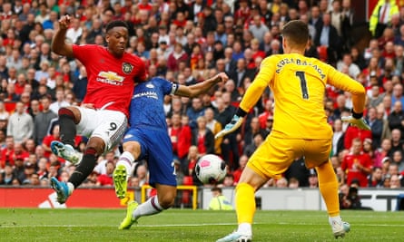 Anthony Martial scores in Manchester United’s 4-0 home victory over Chelsea