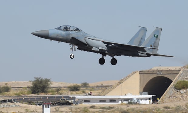 A F-15 fighter jet landing at the Khamis Mushayt military airbase