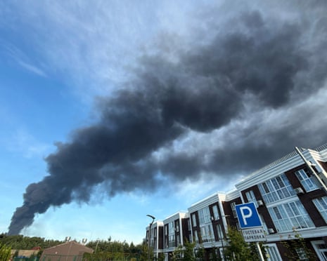 Smoke billows after a Ukrainian drone attack, according to local authorities, in the course of the Russia-Ukraine conflict, near Podolsk in the Moscow Region, Russia.