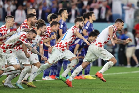 Croatia celebrate winning the penalty shootout against Japan.