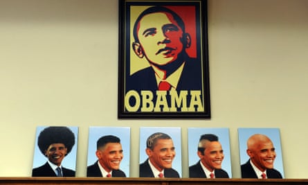 Manipulated pictures of US President Barack Obama with different hairstyles are kept on a display at a barber shop in Los Angeles, California.