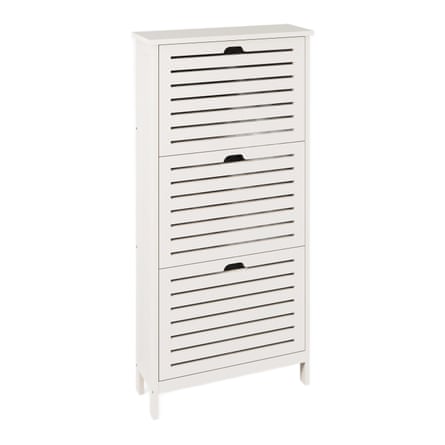 A white slatted flip down shoe storage cabinet