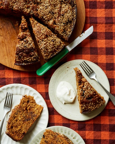 Thomasina Miers’ salted caramel banana cake with crunchy sesame demerara topping.