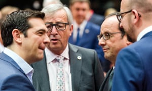 The Greek prime minister Alexis Tsipras talks to European Commission president Jean-Claude Juncker, French president Francois Hollande and Belgian Prime Minister Charles Michel on the last day of the crucial talks, on 12 July, 2015.