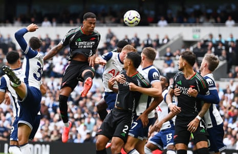 Gabriel of Arsenal scores his team’s winner in the north London derby at Tottenham Hotspur Stadium