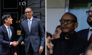 Side-by-side composite of Kagame shaking Rishi Sunak’s hand outside No 10, and Kagame in the crowd at the Arsenal match