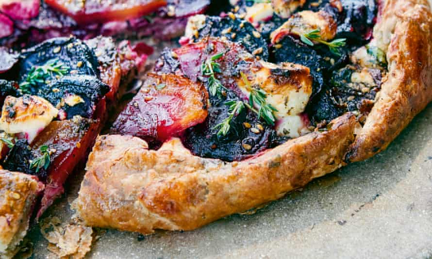 Beetroot and feta galette with za’atar and honey.