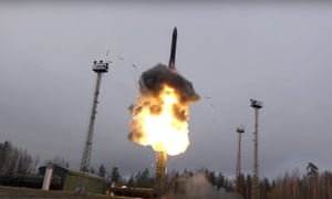 A Russian intercontinental ballistic missile lifts off from a truck-mounted launcher somewhere in Russia.