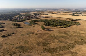 An aerial view of parched fields and meadows in Irthlingborough, Northamptonshire