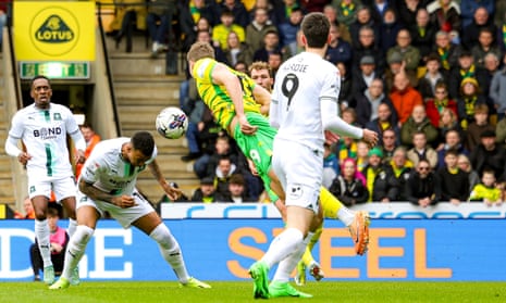 Morgan Whittaker uses his head to put Plymouth Argyle in front at Norwich City.