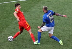 Ethan Ampadu (L) of Wales tackles Federico Bernardeschi of Italy, earning himself a red card.