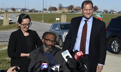 Kevin Strickland speaks to the media along with his attorneys Tricia Rojo Bushnell, left, and Robert Hoffman, after his release from prison.