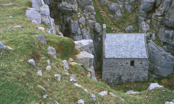 View from above St Govan's cliffside chapel, Pembrokeshire Wales