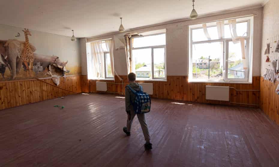 An empty classroom at the school in Novyi Bykiv