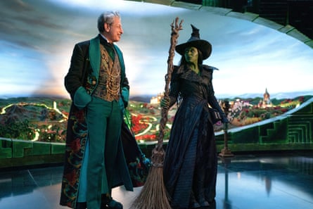 Jeff Goldblum and Cynthia Erivo, and her custom broomstick, in Wicked.