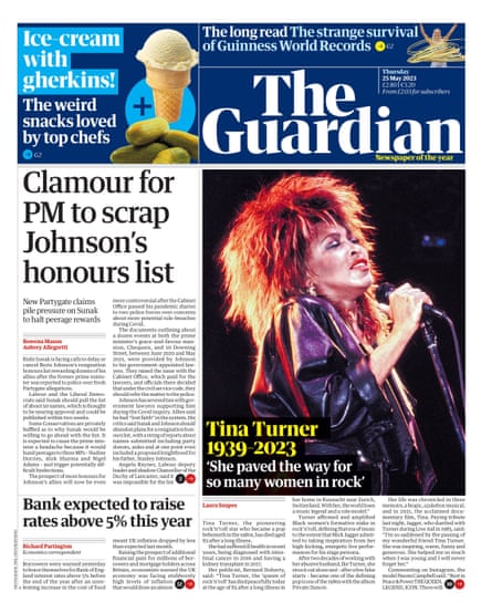 Guardian front web page, Thursday 25 May 2023