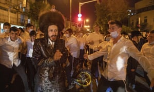 Ultra-Orthodox Jews chant slogans during a protest against the restrictions on gatherings for public prayers despite a new nationwide lockdown order aimed at curbing a raging coronavirus outbreak in Bnei Brak, Israel, Sunday, 20 September 2020.