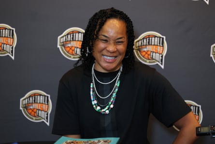 Dawn Staley smiles during Friday’s media availability ahead of the Hall of Fame enshrinement ceremony at the Mohegan Sun in Uncasville, Connecticut.