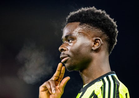30 January 2024Bukayo Saka ponders something against Nottingham Forest at the City Ground. Arsenal won 2-1.