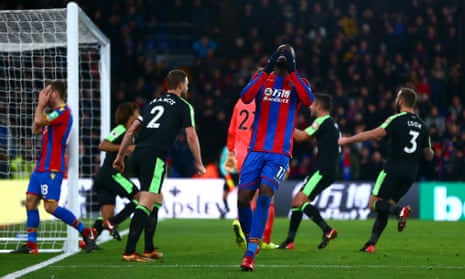 Christian Benteke reacts to missing the injury-time penalty at Selhurst Park.