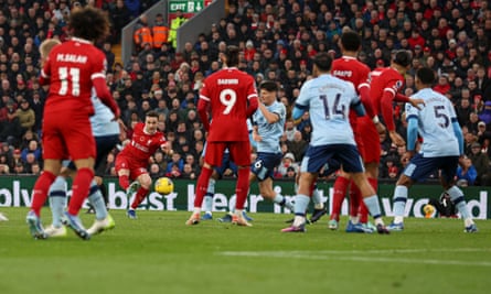 Diogo Jota scores Liverpool’s third goal against Brentford at Anfield.