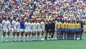 Teams from England and Brazil line up prior to their World Cup match in the Jalisco Stadium in Mexico.