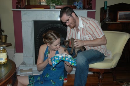 Jessica and Drew with her new kitten on Christmas Day in 2005