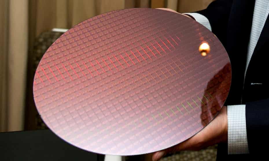 A 300mm silicon wafer of 7th generation Core processors before the integrated circuits are tested, packaged and shipped as individual chips.