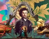 Poldark poster: a man's portrait towers above an embracing couple, framed by ships and foliage