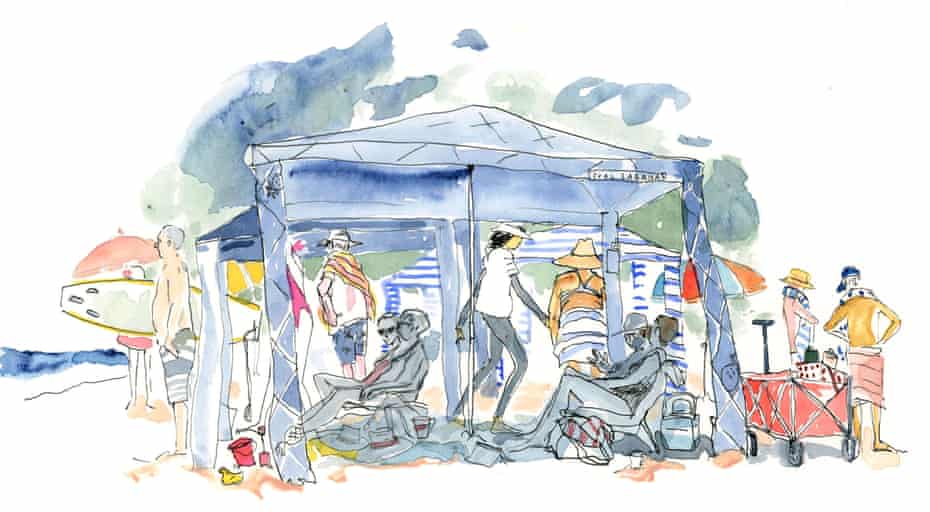 A cartoon illustration depicting the rising obsession with cabanas, carts and loungers among Australian beachgoers.