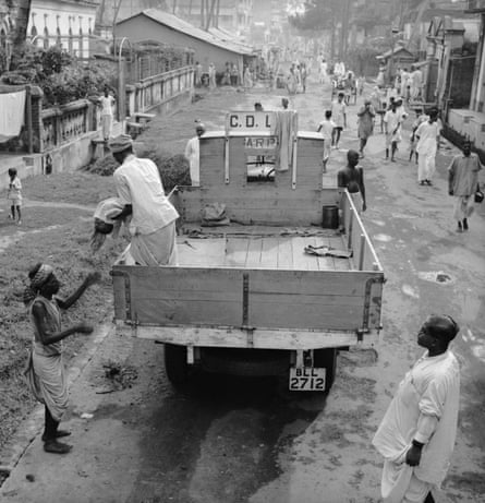 Corpse removal trucks in Calcutta during the famine of 1943.