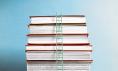 Ladder up stack of booksTall white ladder leaning on 10 vintage books on wooden table, blue background