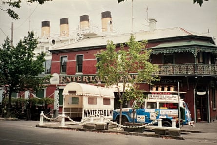 The exterior of the Titanic Theatre Restaurant, complete with smoke-billowing funnels, in Williamstown in Melbourne, circa 2000.