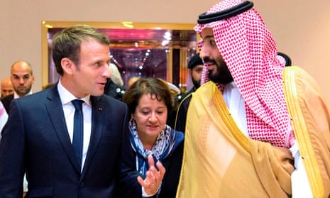 A handout picture provided by the Saudi Royal Palace on November 9, 2017, shows Saudi Crown Prince Mohammed bin Salman (R) receiving French President Emmanuel Macron (L) in the capital Riyadh on Thursday