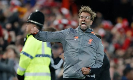 Liverpool v Roma<br>Jurgen Klopp celebrates the 1st goal during the Liverpool v Roma Champions League semi-final 1st leg at Anfield on April 24th 2018 in Liverpool (Photo by Tom Jenkins)