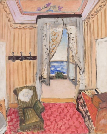 a painting of the inside of a room that has a red carpet, green armchair, and a window with white curtains that overlooks the sea