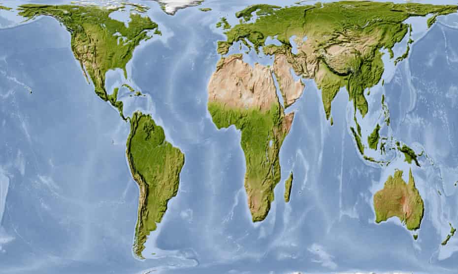 The Gall-Peters projection, which shows land masses in their correct proportions by area, puts the relative sizes of Africa and North America in perspective.