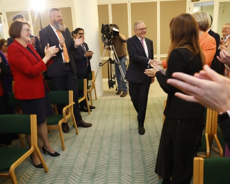 Anthony Albanese arrives at the Labor party caucus room for the first meeting of the 48th Parliament on 9 May, 2025 in Canberra.