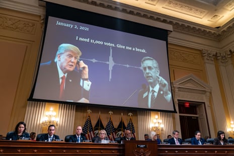 Audio of Donald Trump’s 2 January 2021 call to Georgia secretary of state Brad Raffensperger was played during a 2022 House select committee hearing on Trump’s efforts to stay in power despite losing the 2020 election.