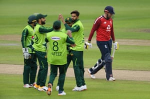 Imad Wasim celebrates the dismissal of Jonny Bairstow.