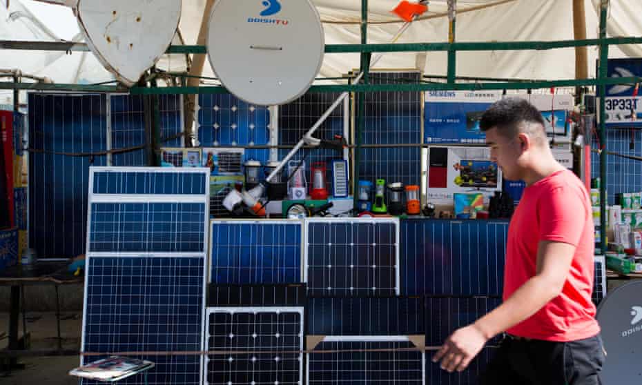 Solar panels on sale at the Naran Tuul market in Ulaanbaatar, Mongolia.