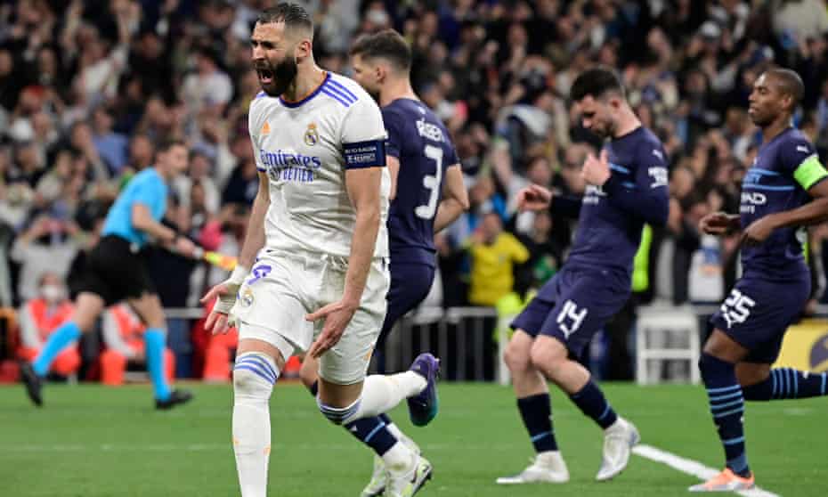 Karim Benzema reacts after his extra-time penalty puts Real Madrid ahead in the tie