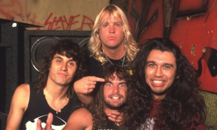 Slayer pictured in 1986, with Lombardo on the left.