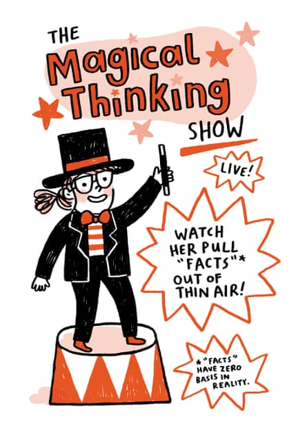 An illustration of a woman dressed as a circus ringleader under a sign that says ‘the Magical Thinking Show’