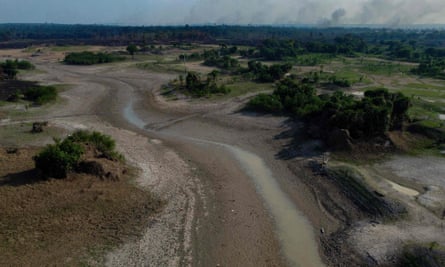 An aerial view of the Rio Negro with very low water levels at the Cacau Pirera district in Iranduba, Amazonas state.