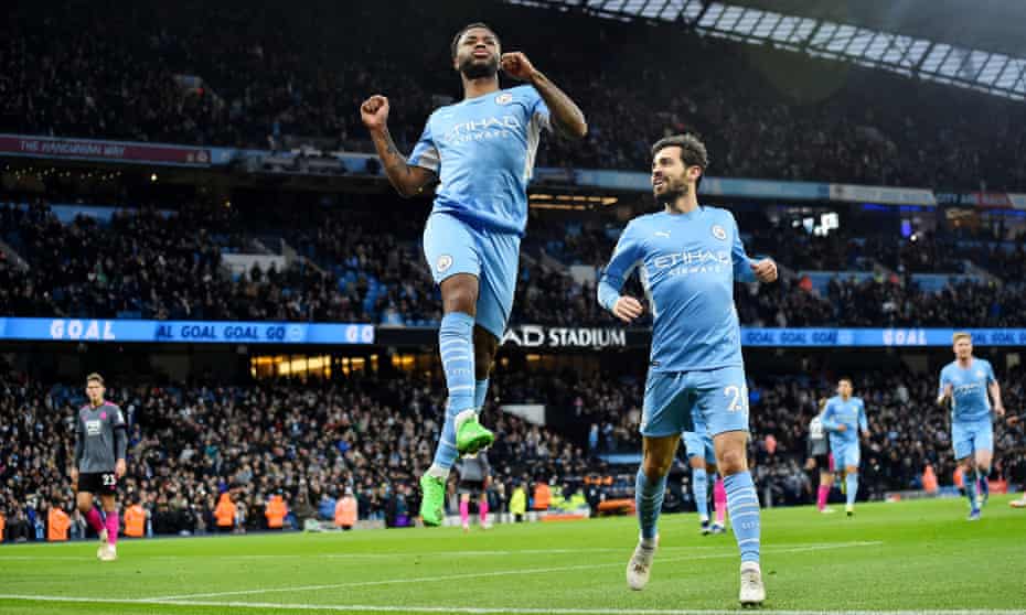 Raheem Sterling celebrates scoring Manchester City’s fourth goal before his late second finally set the seal on a remarkable win over Leicester.